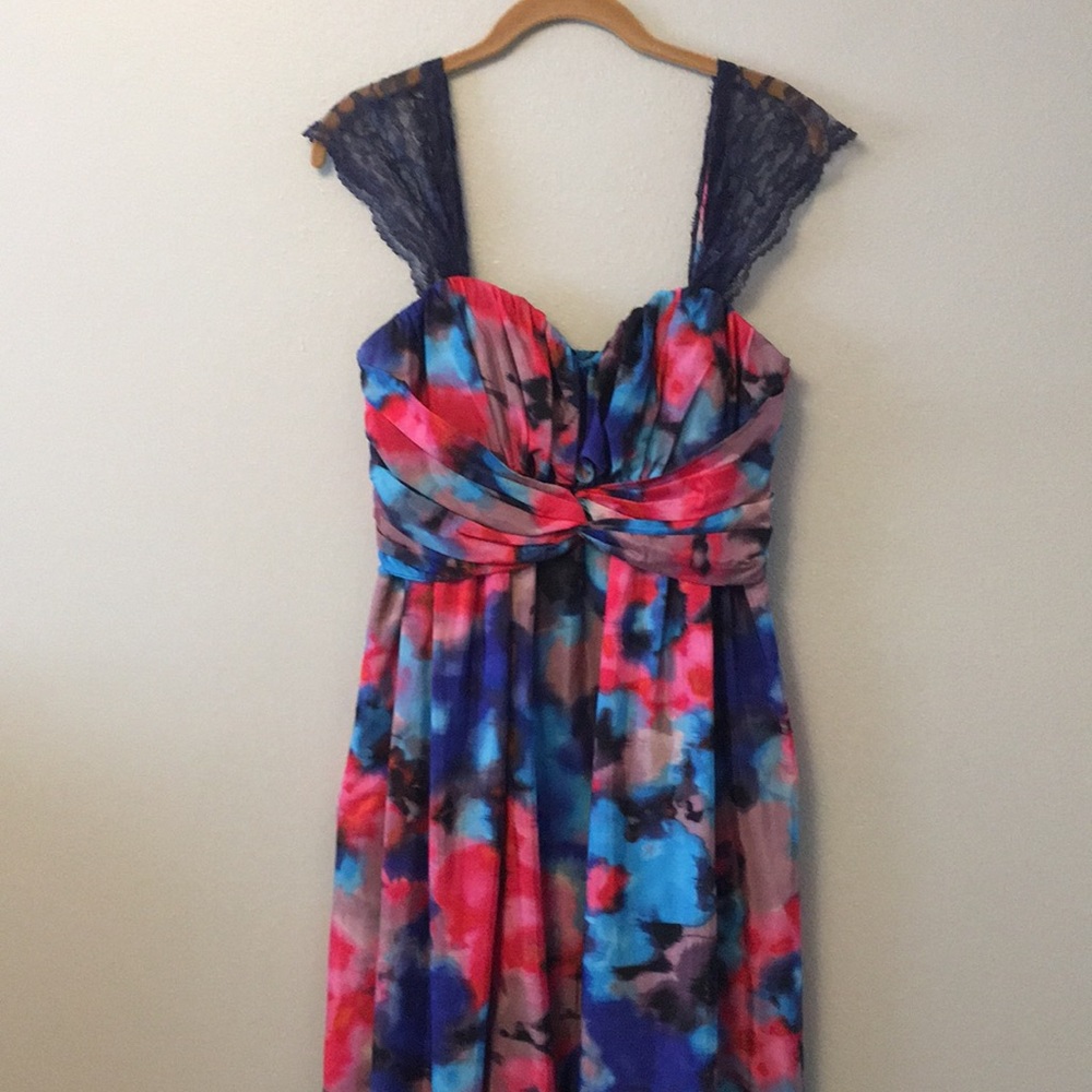 Jessica Simpson Multi-Color Floral Prom Dress with Navy Lace Straps